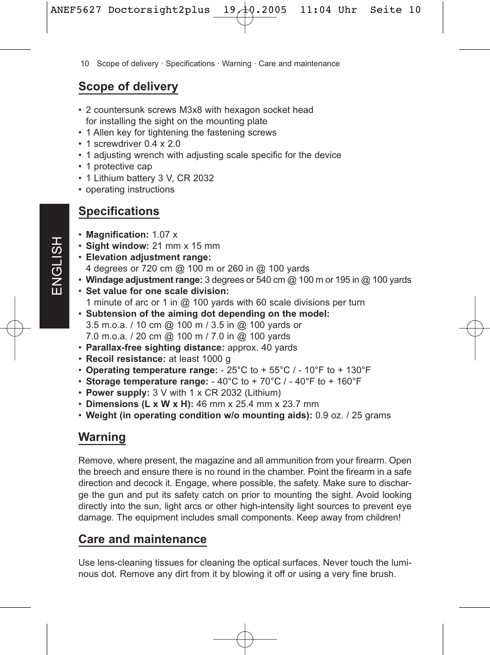 English, Scope of delivery, Specifications | Warning, Care and maintenance | DOCTER DOCTER®sight II plus User Manual | Page 10 / 32