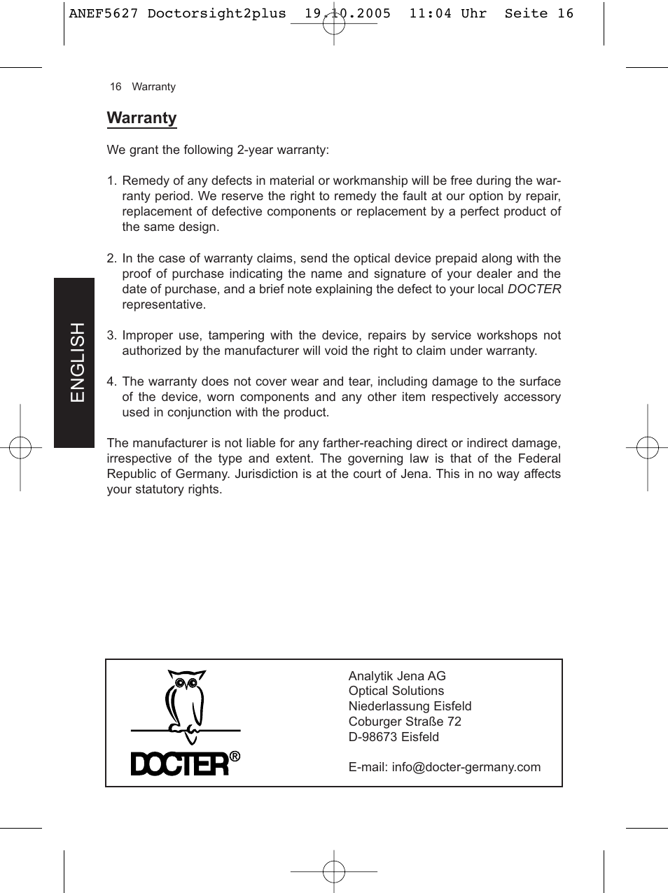 English, Warranty | DOCTER DOCTER®sight II plus User Manual | Page 16 / 32
