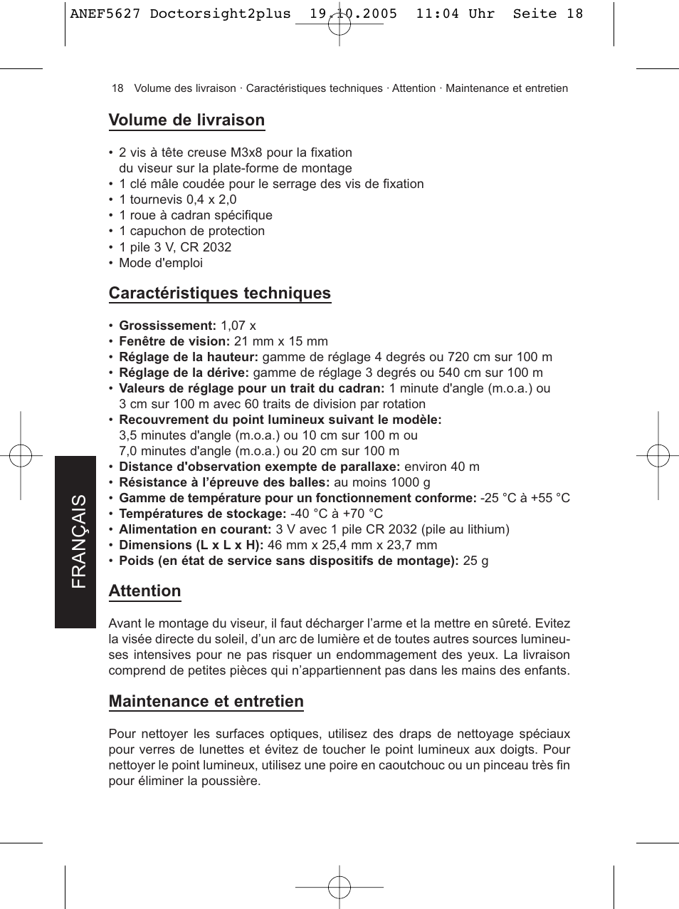 Français, Volume de livraison, Caractéristiques techniques | Attention, Maintenance et entretien | DOCTER DOCTER®sight II plus User Manual | Page 18 / 32