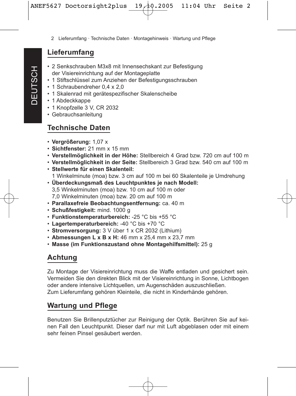 Deutsch, Lieferumfang, Technische daten | Achtung, Wartung und pflege | DOCTER DOCTER®sight II plus User Manual | Page 2 / 32