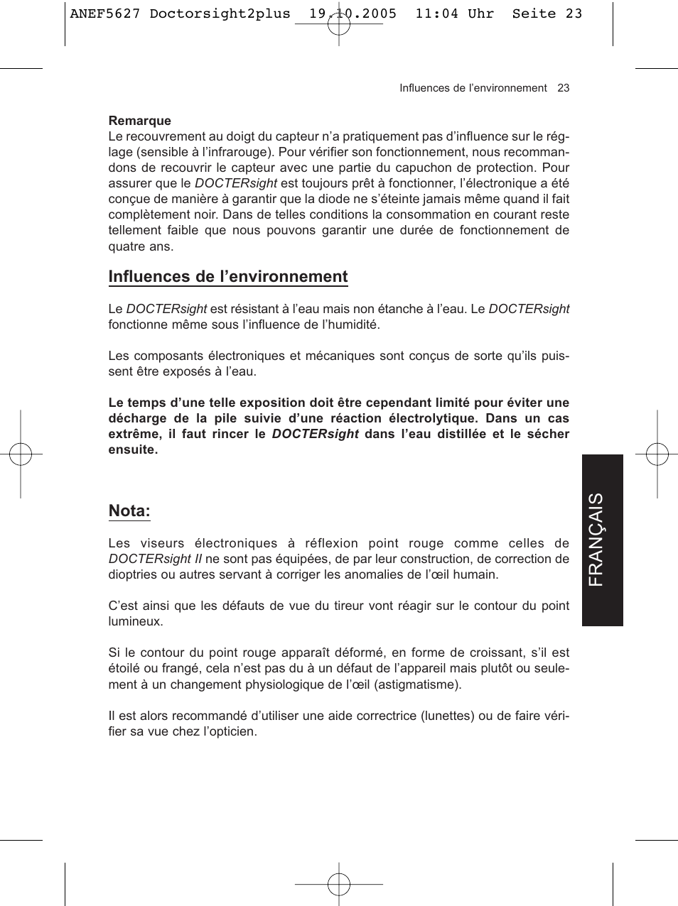 Français, Influences de l’environnement, Nota | DOCTER DOCTER®sight II plus User Manual | Page 23 / 32
