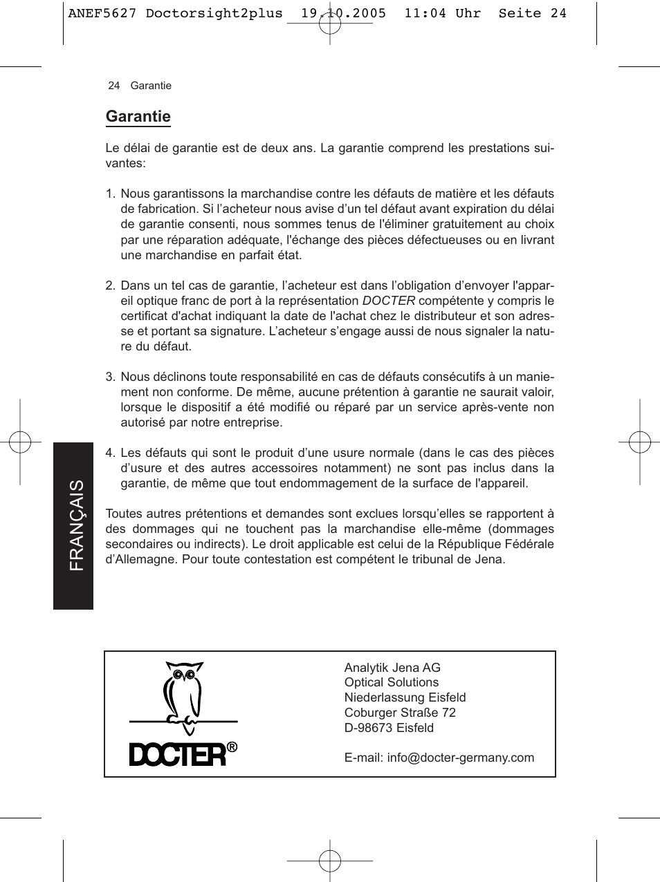 Français, Garantie | DOCTER DOCTER®sight II plus User Manual | Page 24 / 32