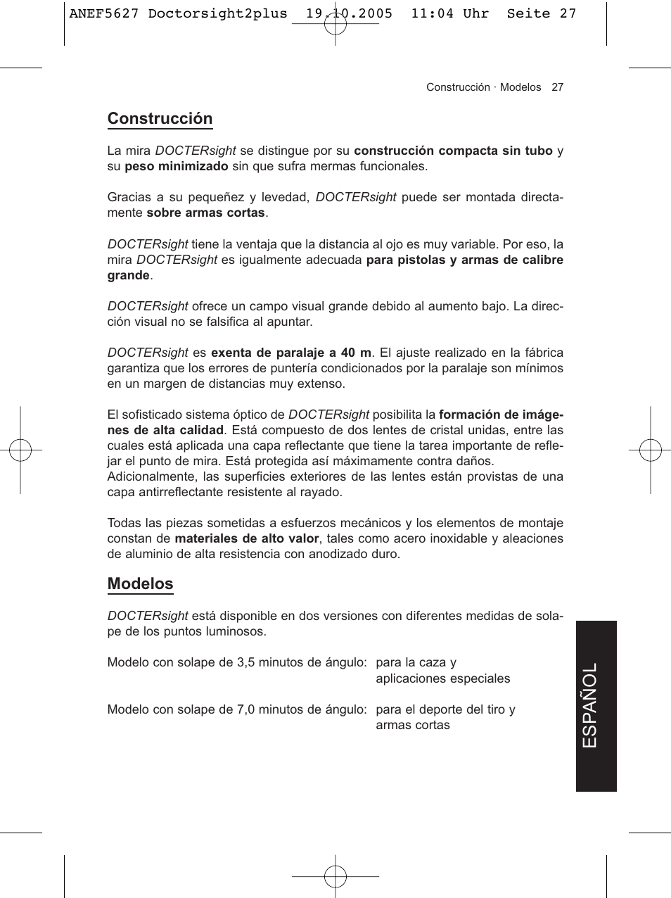 Esp añol, Construcción, Modelos | DOCTER DOCTER®sight II plus User Manual | Page 27 / 32