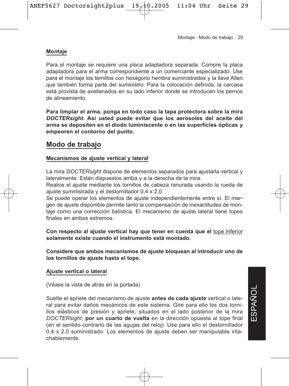 Esp añol, Modo de trabajo | DOCTER DOCTER®sight II plus User Manual | Page 29 / 32