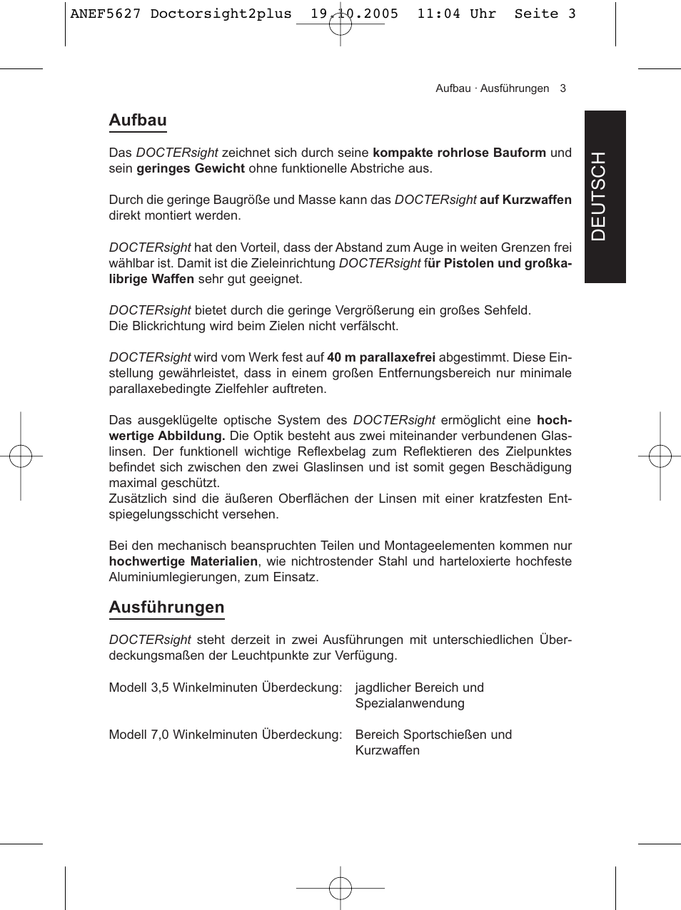 Deutsch, Aufbau, Ausführungen | DOCTER DOCTER®sight II plus User Manual | Page 3 / 32