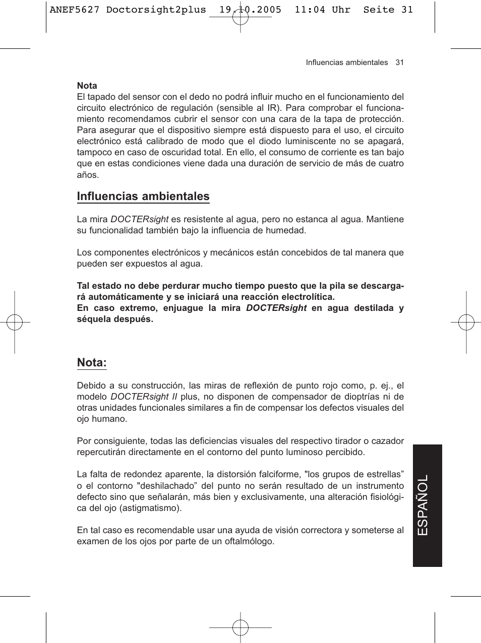 Esp añol, Influencias ambientales, Nota | DOCTER DOCTER®sight II plus User Manual | Page 31 / 32