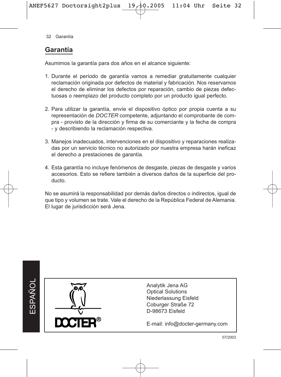 Esp añol, Garantía | DOCTER DOCTER®sight II plus User Manual | Page 32 / 32