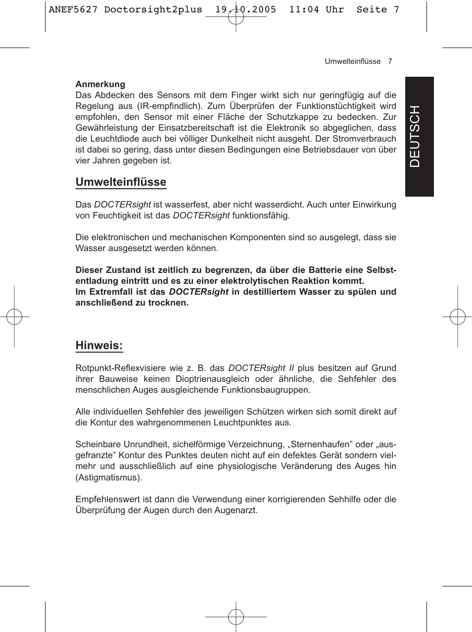 Deutsch, Umwelteinflüsse, Hinweis | DOCTER DOCTER®sight II plus User Manual | Page 7 / 32