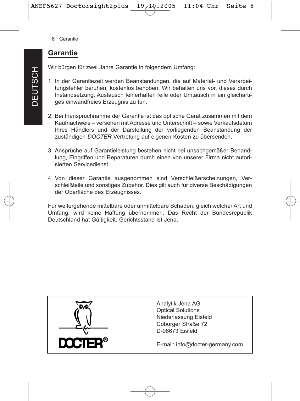 Deutsch, Garantie | DOCTER DOCTER®sight II plus User Manual | Page 8 / 32