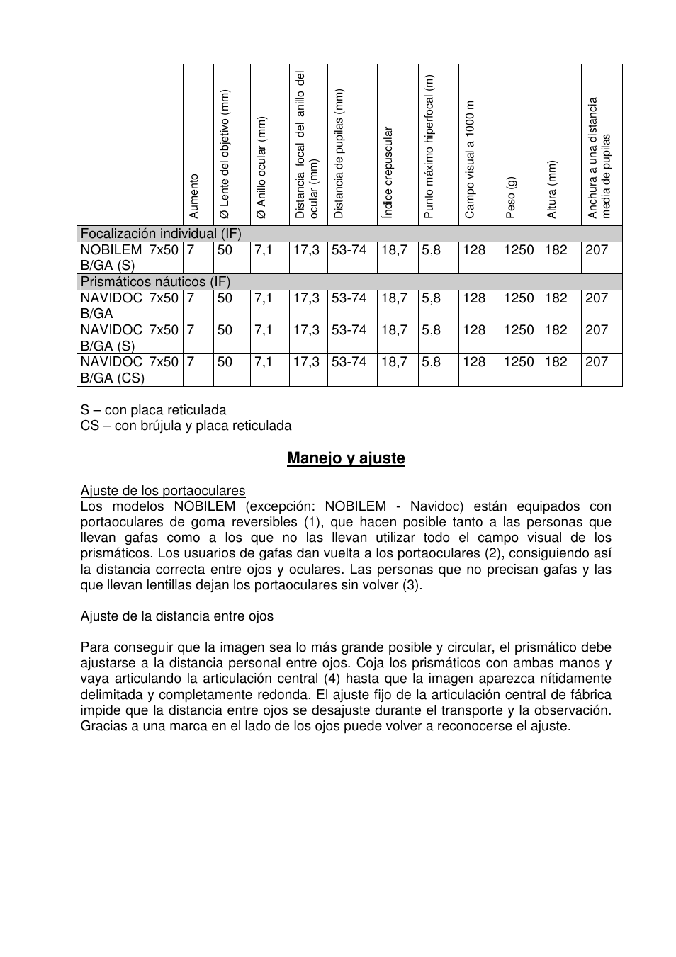 Manejo y ajuste | DOCTER NOBILEM 7 x 50 NAVIDOC User Manual | Page 20 / 31