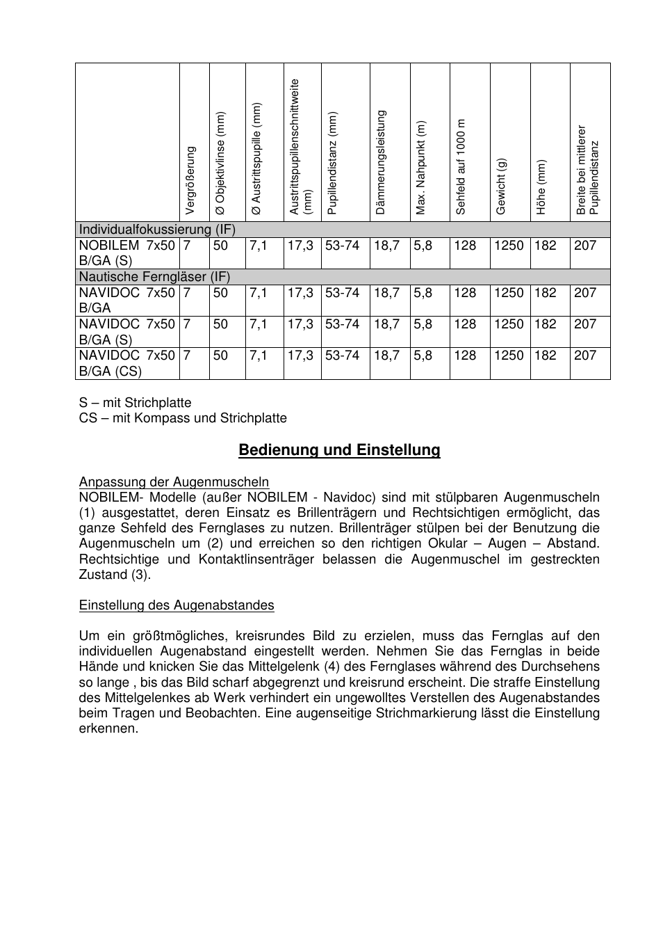 Bedienung und einstellung | DOCTER NOBILEM 7 x 50 NAVIDOC User Manual | Page 5 / 31