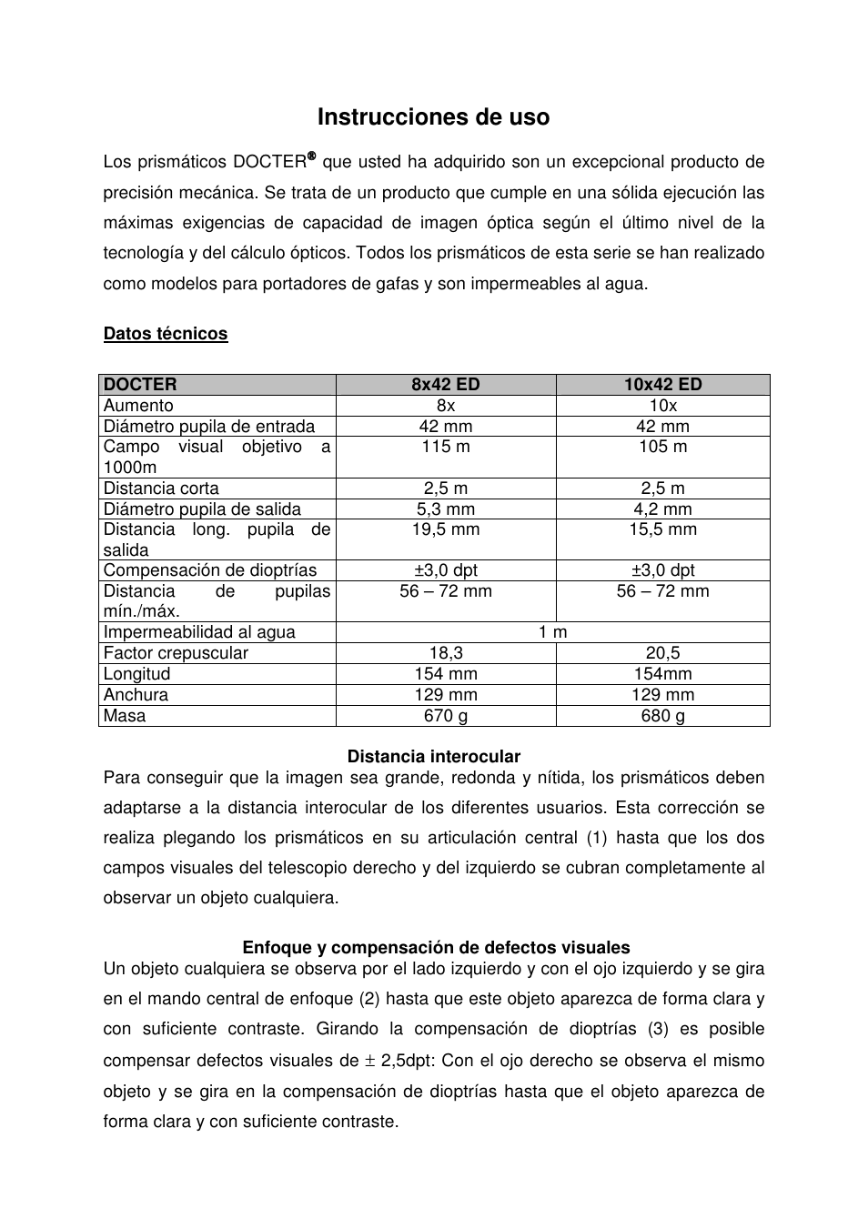 Instrucciones de uso | DOCTER 8x42 ED User Manual | Page 10 / 16