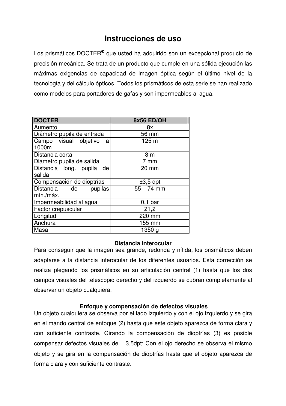 Instrucciones de uso | DOCTER 8x56 ED/OH User Manual | Page 10 / 15