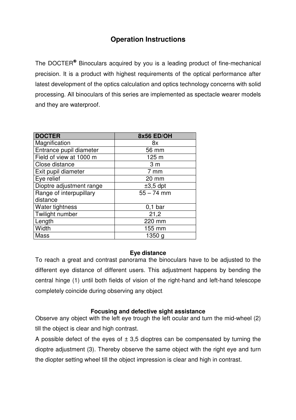 Operation instructions | DOCTER 8x56 ED/OH User Manual | Page 6 / 15