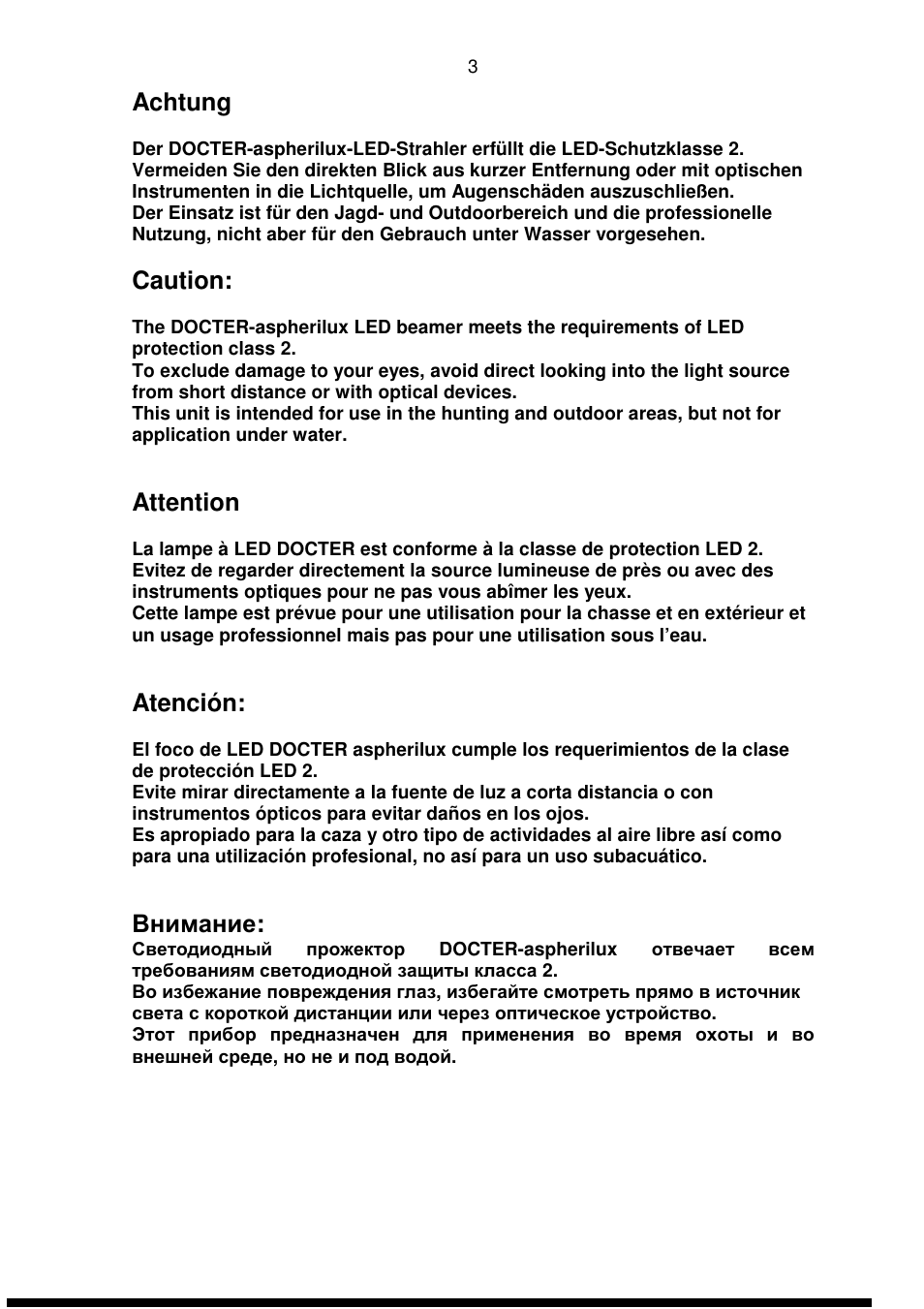 Achtung, Caution, Attention | Atención, Внимание | DOCTER DOCTER®aspherilux midi LED User Manual | Page 3 / 42
