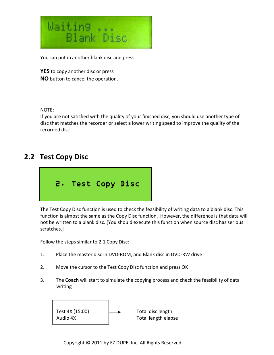 2 test copy disc, Test copy disc | EZ Dupe Ultra Slim Coach DVD/CD Duplicator Slim Tote Bag User Manual | Page 10 / 23