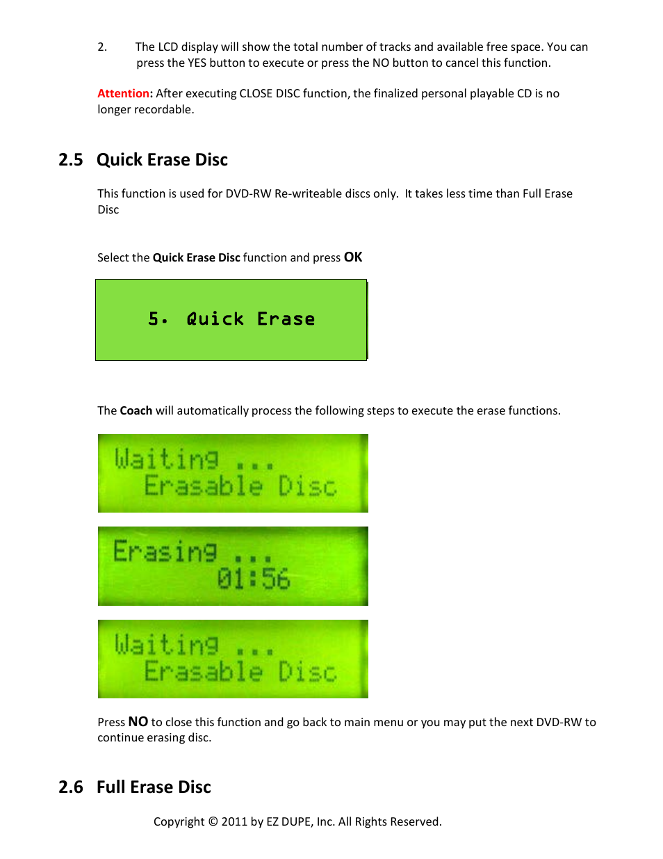 5 quick erase disc, 6 full erase disc, Quick erase | EZ Dupe Ultra Slim Coach DVD/CD Duplicator Slim Tote Bag User Manual | Page 13 / 23