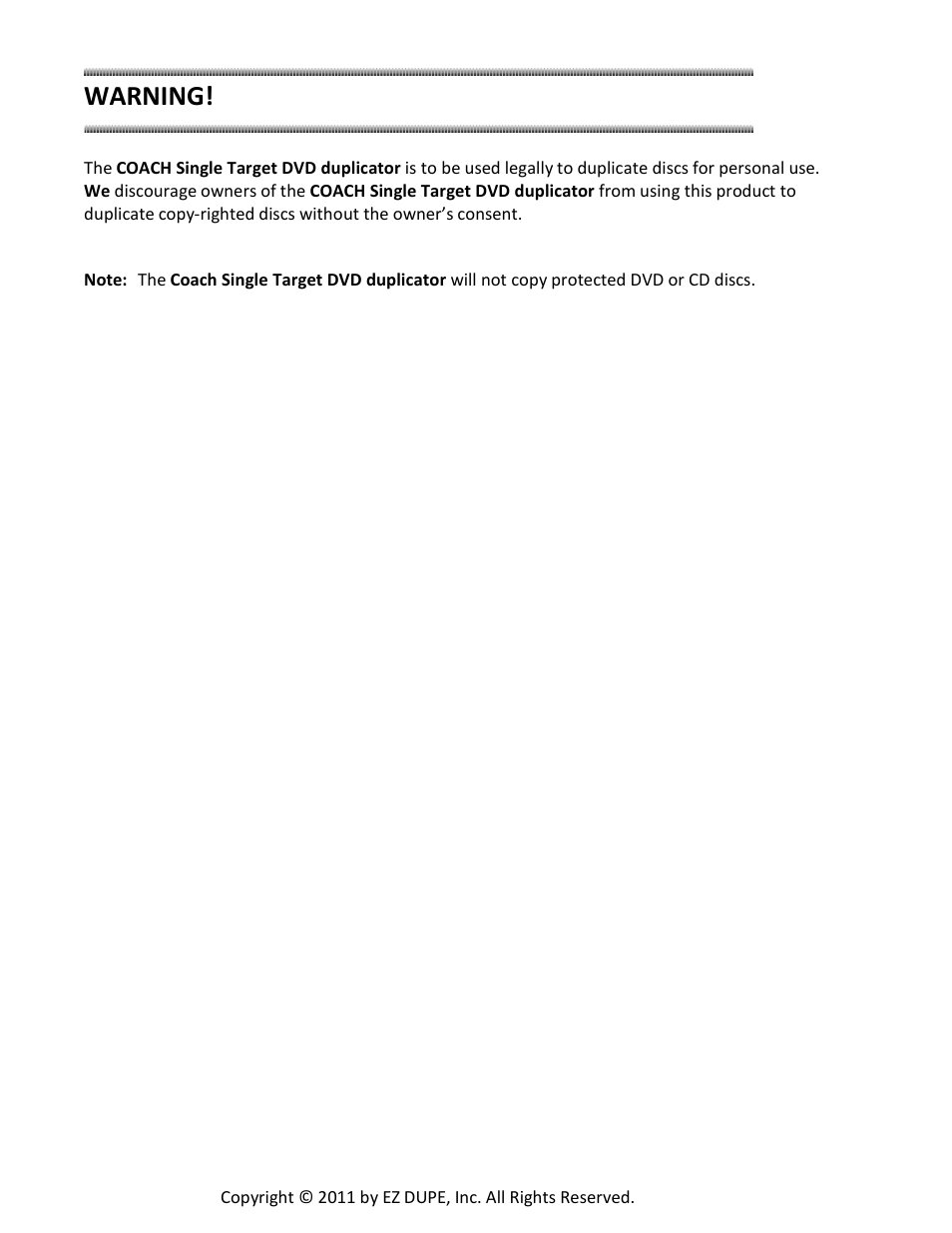 Warning | EZ Dupe Ultra Slim Coach DVD/CD Duplicator Slim Tote Bag User Manual | Page 2 / 23