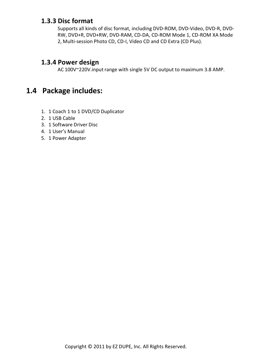 4 package includes, 3 disc format, 4 power design | EZ Dupe Ultra Slim Coach DVD/CD Duplicator Slim Tote Bag User Manual | Page 6 / 23