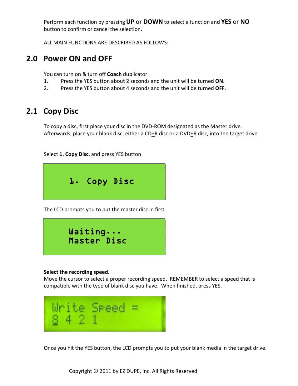 0 power on and off, 1 copy disc, Copy disc | Waiting... master disc | EZ Dupe Ultra Slim Coach DVD/CD Duplicator Slim Tote Bag User Manual | Page 8 / 23