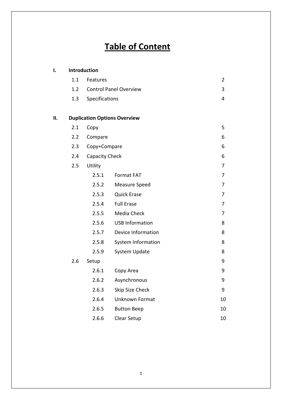 Table of content | EZ Dupe USB 6 copy Duplicator User Manual | Page 2 / 11