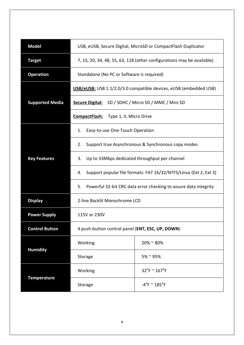 Specifications | EZ Dupe USB 6 copy Duplicator User Manual | Page 5 / 11