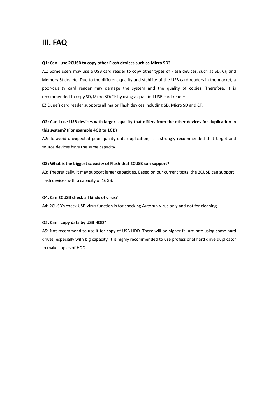 Iii. faq | EZ Dupe Portable USB 2 Copy Duplicator & Tester User Manual | Page 11 / 12