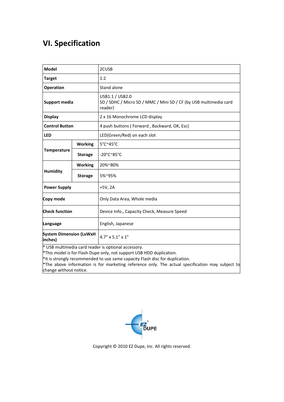 Vi. specification | EZ Dupe Portable USB 2 Copy Duplicator & Tester User Manual | Page 12 / 12