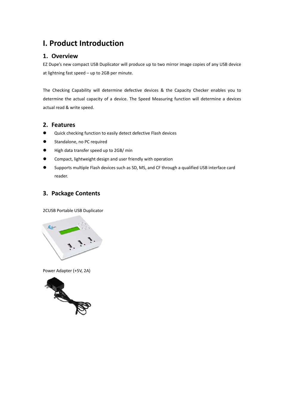 I. product introduction, Overview, Features | Package contents | EZ Dupe Portable USB 2 Copy Duplicator & Tester User Manual | Page 3 / 12