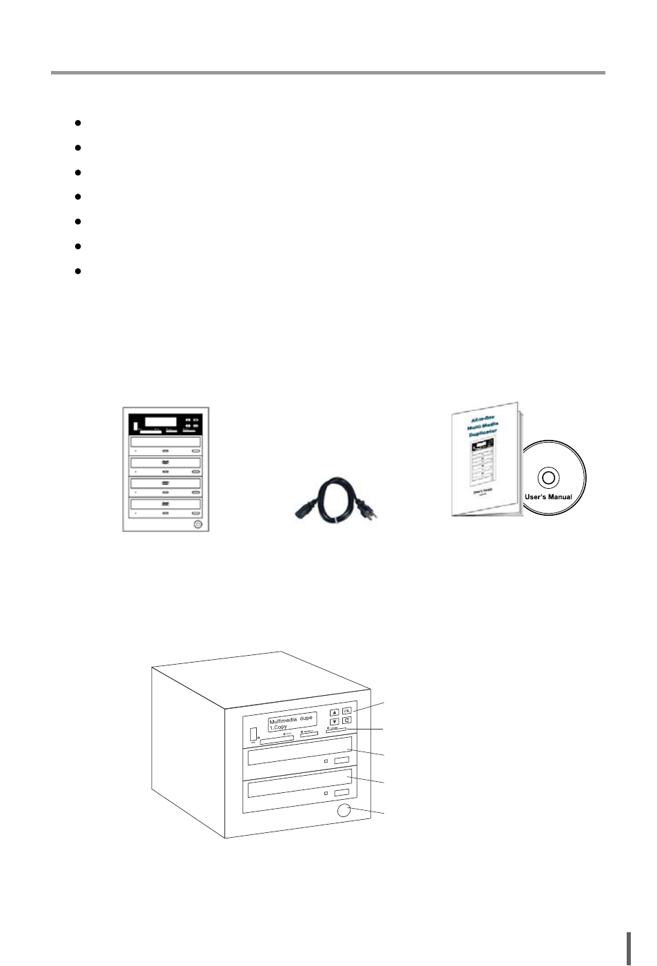 I. introduction, Features, System overview | 1. package contents, 2. media mirror multimedia duplicator | EZ Dupe Multi-Format 1 Copy Duplicator User Manual | Page 3 / 43