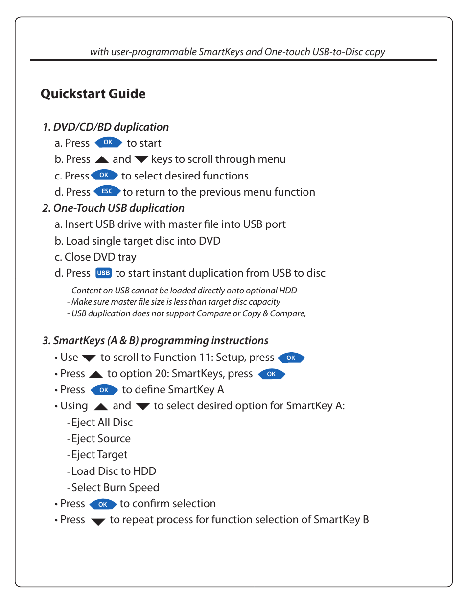Usb to disc, bd/dvd/cd duplicator, Quickstart guide | EZ Dupe DVD/CD & USB 10 copy Duplicator User Manual | Page 2 / 2