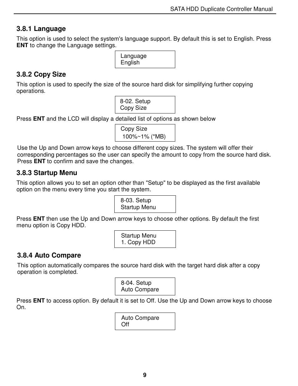 1 language, 2 copy size, 3 startup menu | 4 auto compare | EZ Dupe 5 Copy 3.5" SATA Hard drive Duplicator copies up to 60MB/s. Adapter is needed for 2.5 SATA HDD" User Manual | Page 10 / 21