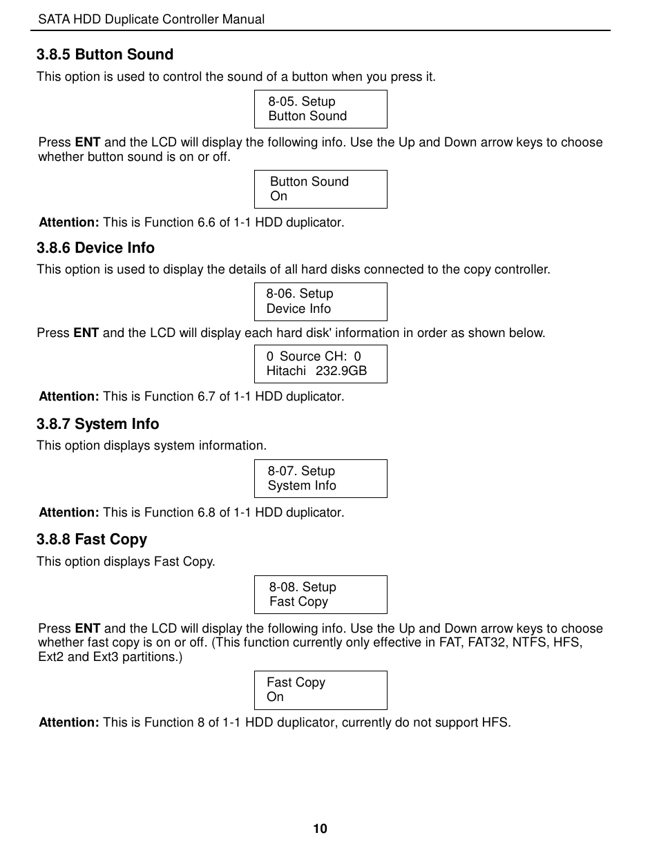 5 button sound, 6 device info, 7 system info | 8 fast copy | EZ Dupe 5 Copy 3.5" SATA Hard drive Duplicator copies up to 60MB/s. Adapter is needed for 2.5 SATA HDD" User Manual | Page 11 / 21