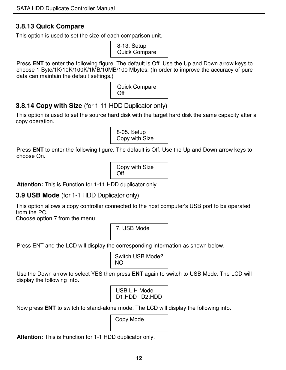 13 quick compare, 9 usb mode (for 1-1 hdd duplicator only) | EZ Dupe 5 Copy 3.5" SATA Hard drive Duplicator copies up to 60MB/s. Adapter is needed for 2.5 SATA HDD" User Manual | Page 13 / 21