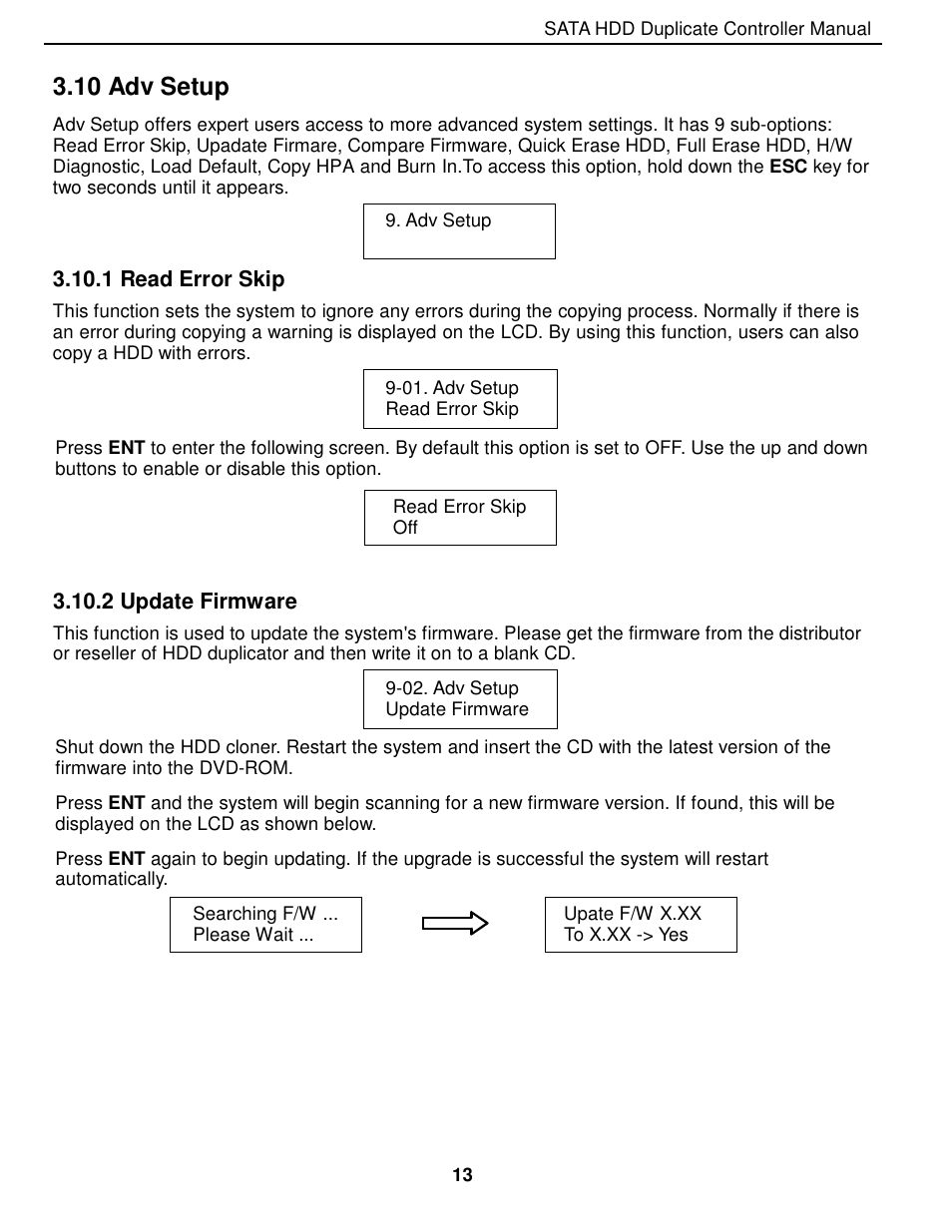 10 adv setup, 1 read error skip, 2 update firmware | EZ Dupe 5 Copy 3.5" SATA Hard drive Duplicator copies up to 60MB/s. Adapter is needed for 2.5 SATA HDD" User Manual | Page 14 / 21