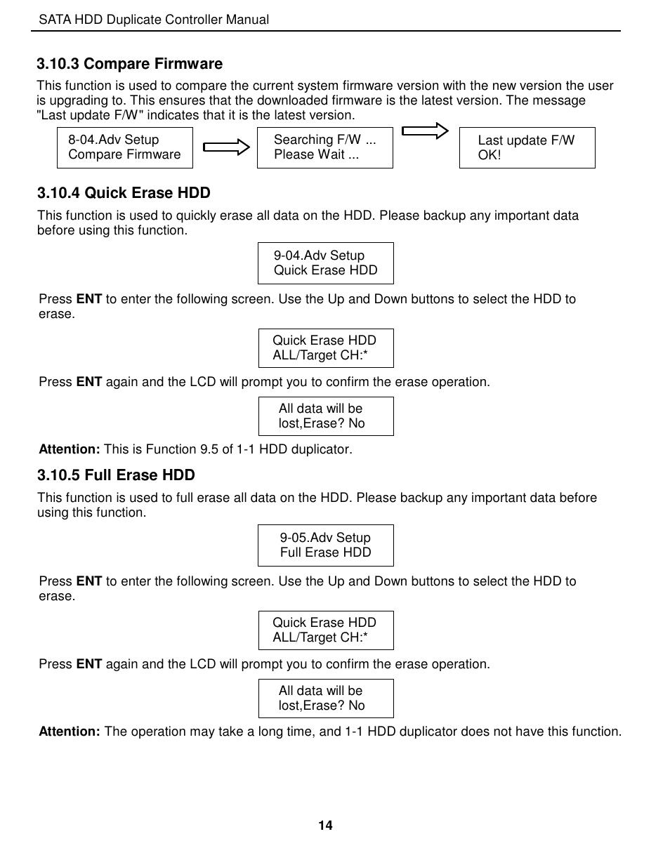 3 compare firmware, 4 quick erase hdd, 5 full erase hdd | EZ Dupe 5 Copy 3.5" SATA Hard drive Duplicator copies up to 60MB/s. Adapter is needed for 2.5 SATA HDD" User Manual | Page 15 / 21