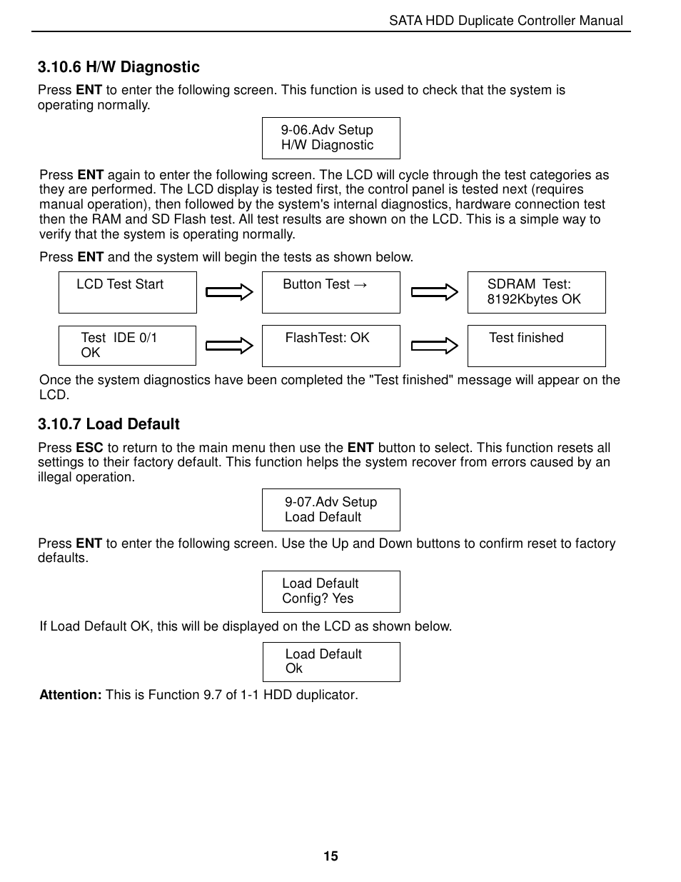 6 h/w diagnostic, 7 load default | EZ Dupe 5 Copy 3.5" SATA Hard drive Duplicator copies up to 60MB/s. Adapter is needed for 2.5 SATA HDD" User Manual | Page 16 / 21