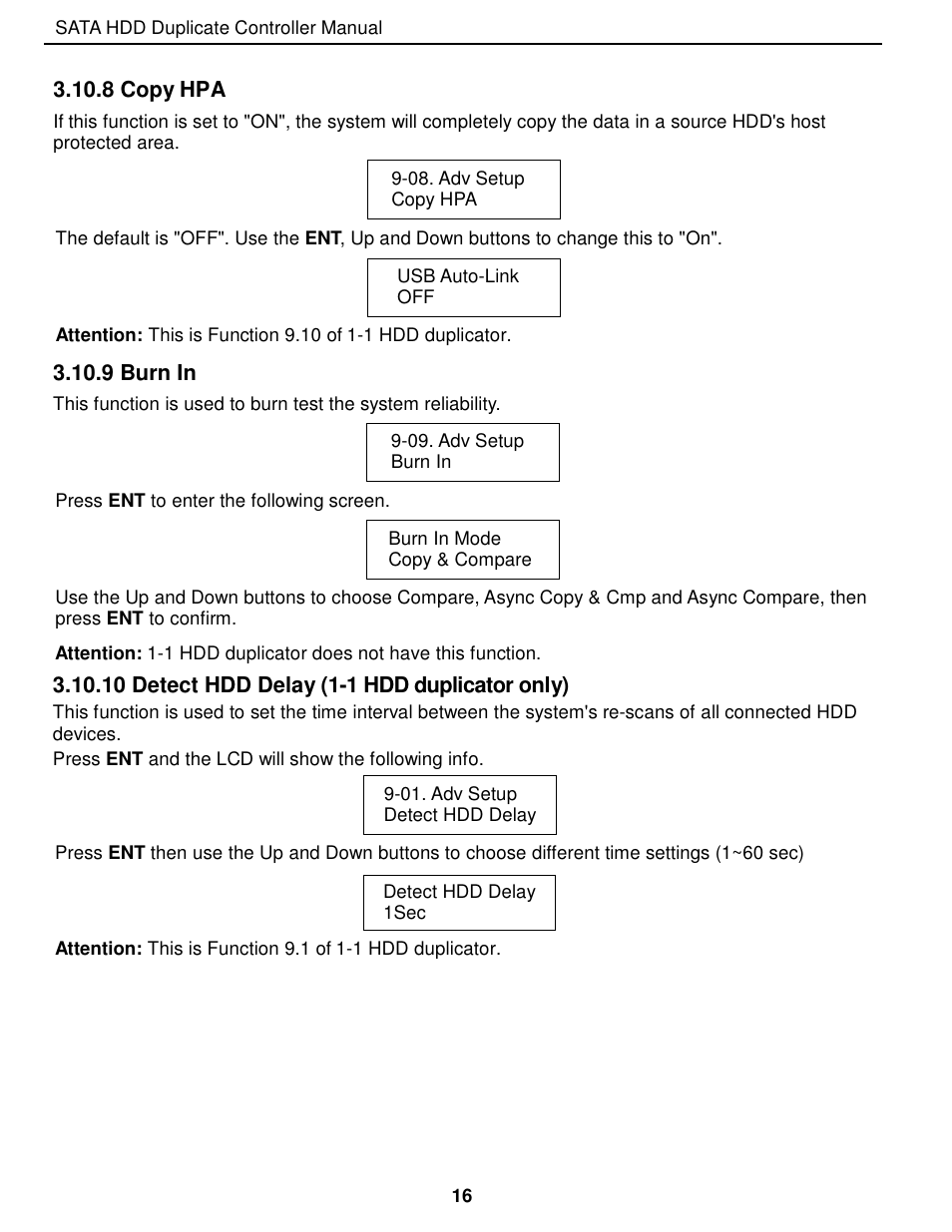 8 copy hpa, 9 burn in, 10 detect hdd delay (1-1 hdd duplicator only) | EZ Dupe 5 Copy 3.5" SATA Hard drive Duplicator copies up to 60MB/s. Adapter is needed for 2.5 SATA HDD" User Manual | Page 17 / 21