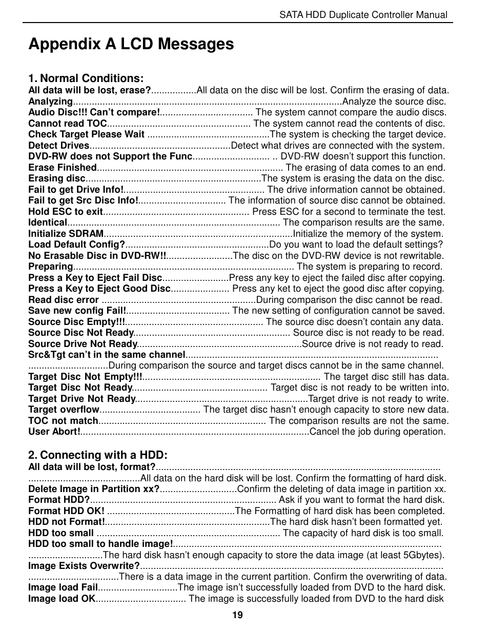 Appendix a lcd messages | EZ Dupe 5 Copy 3.5" SATA Hard drive Duplicator copies up to 60MB/s. Adapter is needed for 2.5 SATA HDD" User Manual | Page 20 / 21