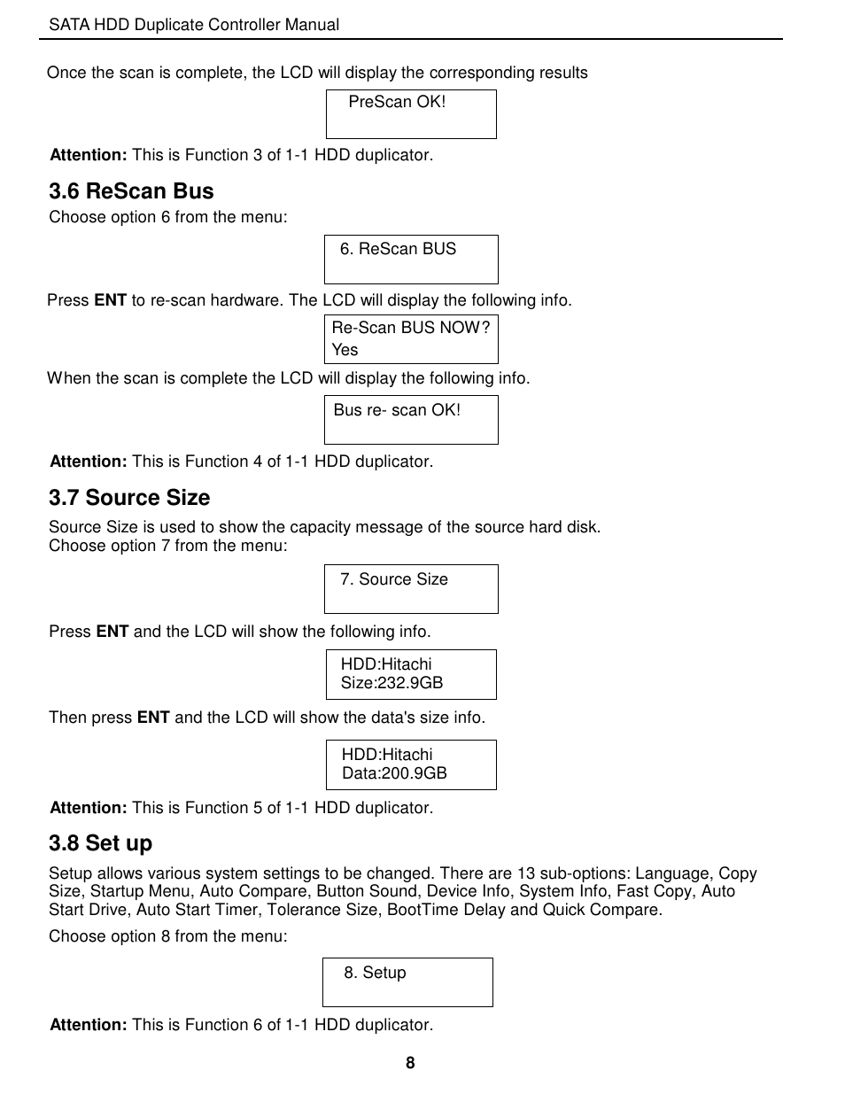 6 rescan bus, 7 source size, 8 set up | EZ Dupe 5 Copy 3.5" SATA Hard drive Duplicator copies up to 60MB/s. Adapter is needed for 2.5 SATA HDD" User Manual | Page 9 / 21