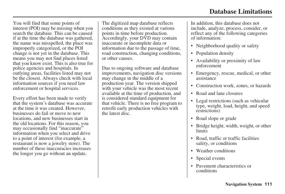 Database limitations | Acura 2008 RDX 31STK810 User Manual | Page 112 / 161