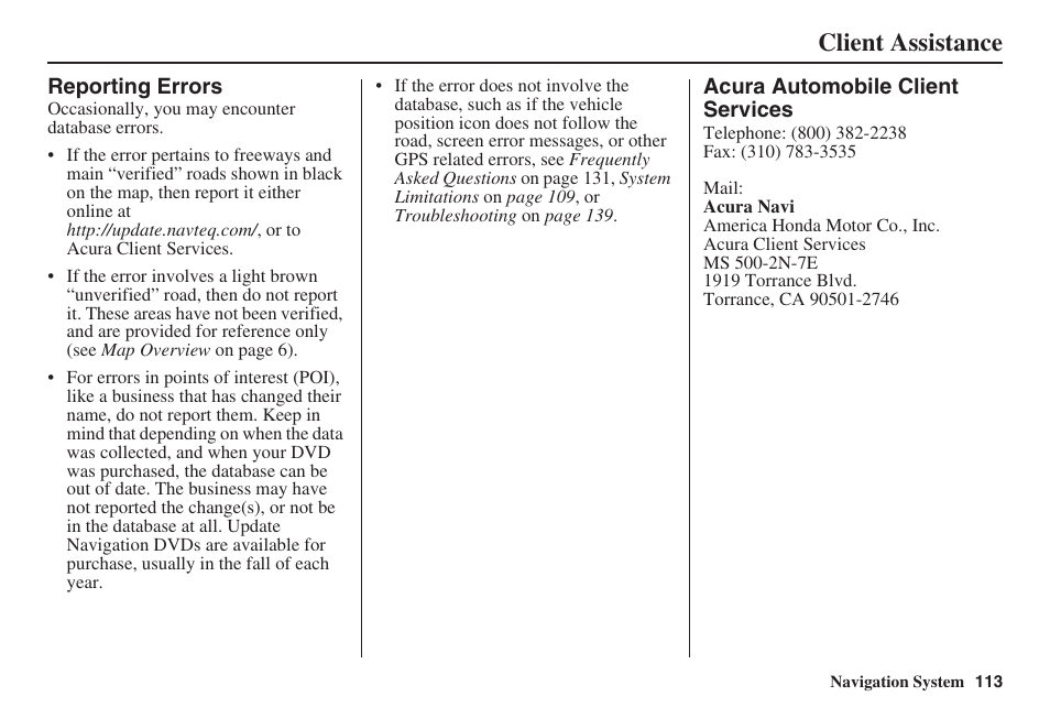 Client assistance | Acura 2008 RDX 31STK810 User Manual | Page 114 / 161