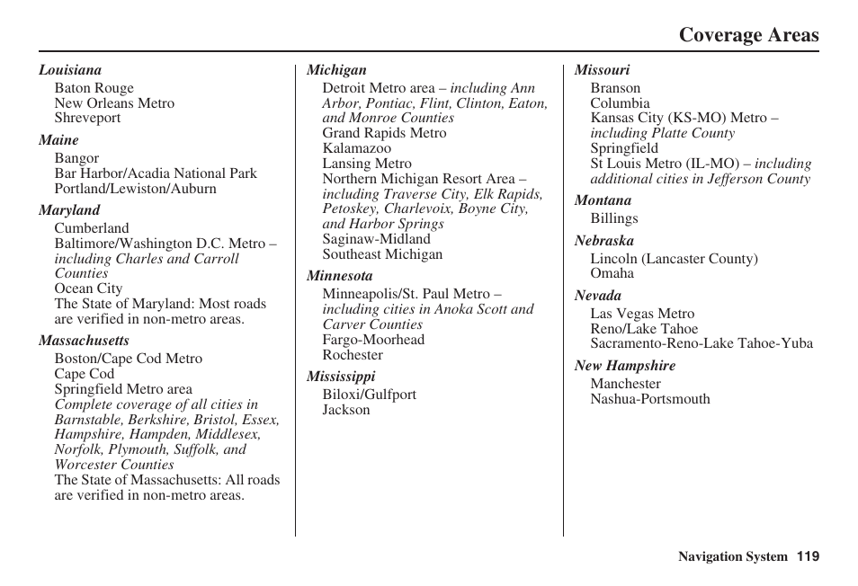 Coverage areas | Acura 2008 RDX 31STK810 User Manual | Page 120 / 161