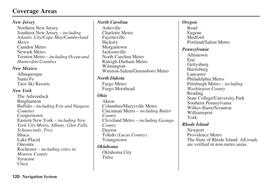 Coverage areas | Acura 2008 RDX 31STK810 User Manual | Page 121 / 161