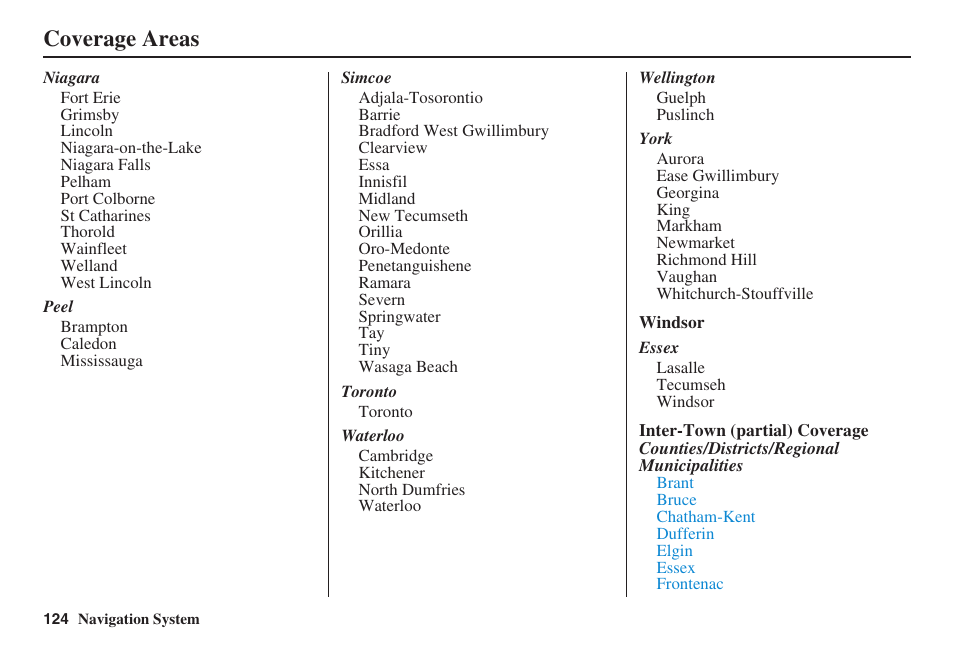 Coverage areas | Acura 2008 RDX 31STK810 User Manual | Page 125 / 161