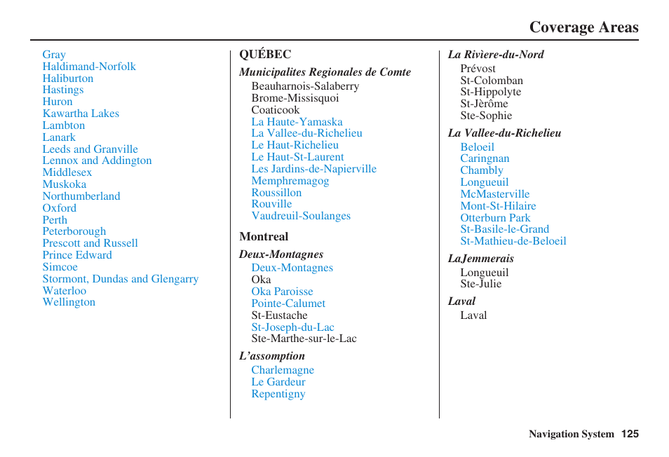 Coverage areas | Acura 2008 RDX 31STK810 User Manual | Page 126 / 161