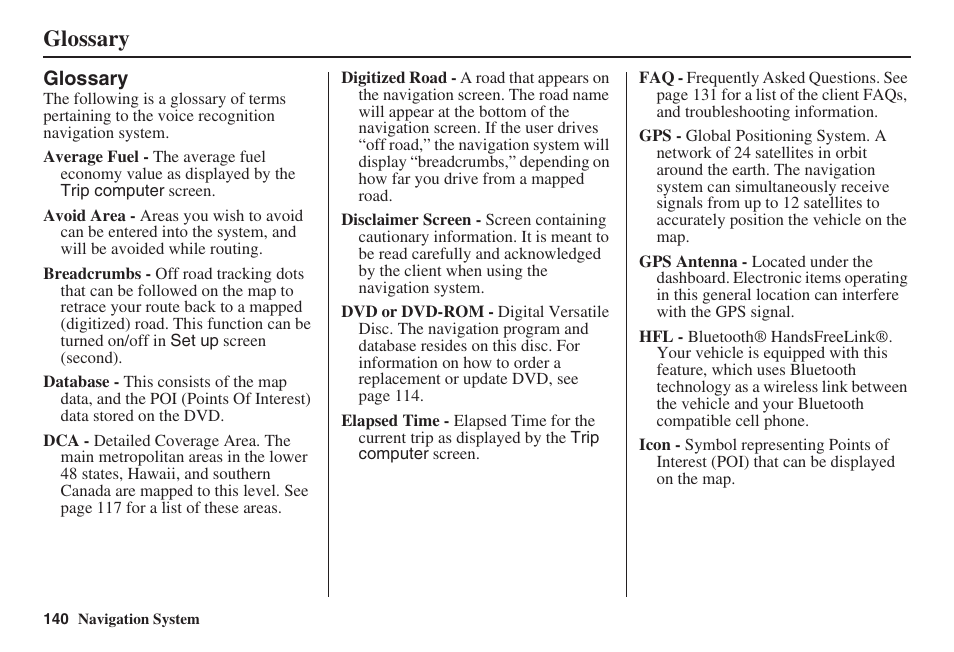 Glossary | Acura 2008 RDX 31STK810 User Manual | Page 141 / 161