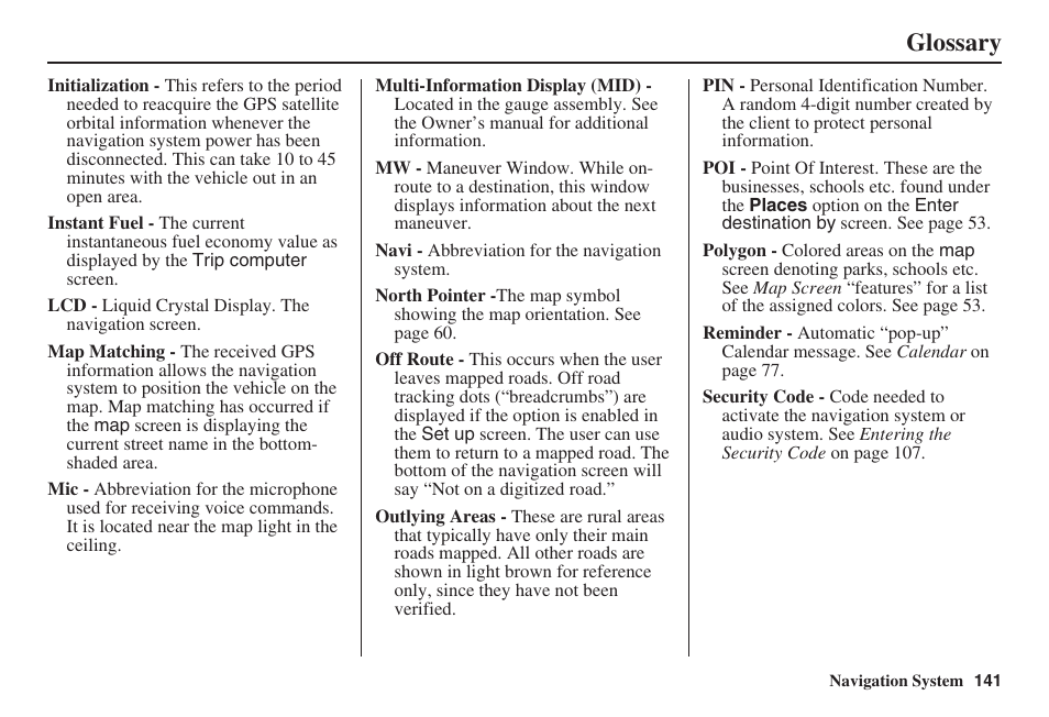 Glossary | Acura 2008 RDX 31STK810 User Manual | Page 142 / 161