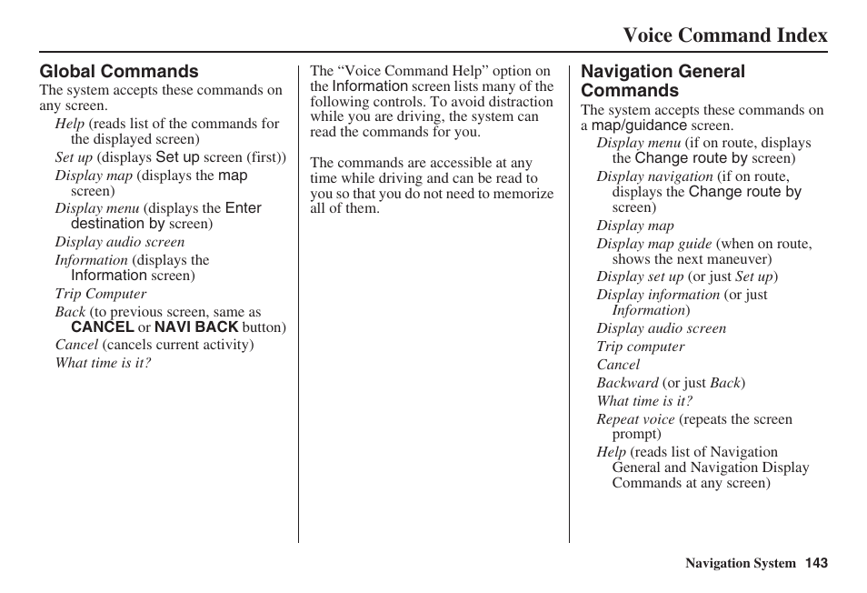 Voice command index | Acura 2008 RDX 31STK810 User Manual | Page 144 / 161