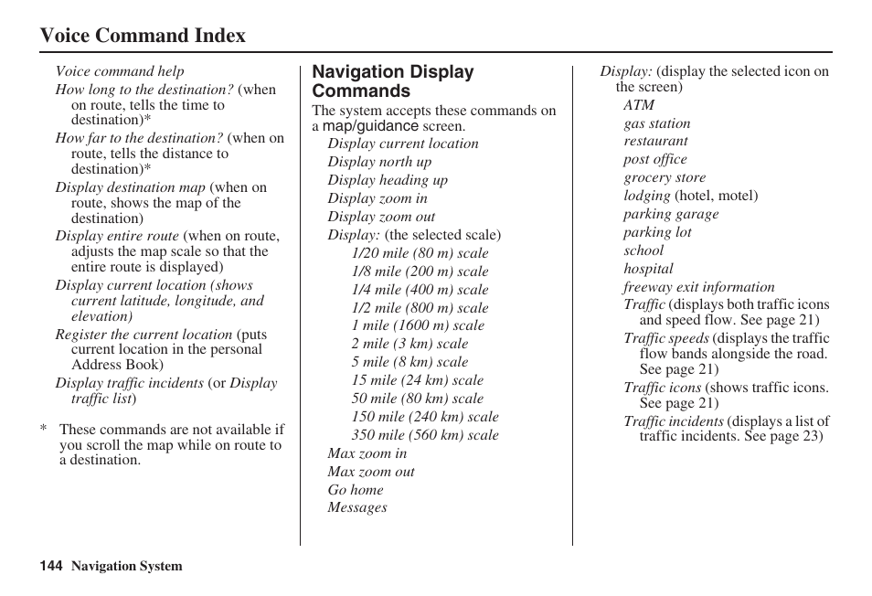 Voice command index | Acura 2008 RDX 31STK810 User Manual | Page 145 / 161